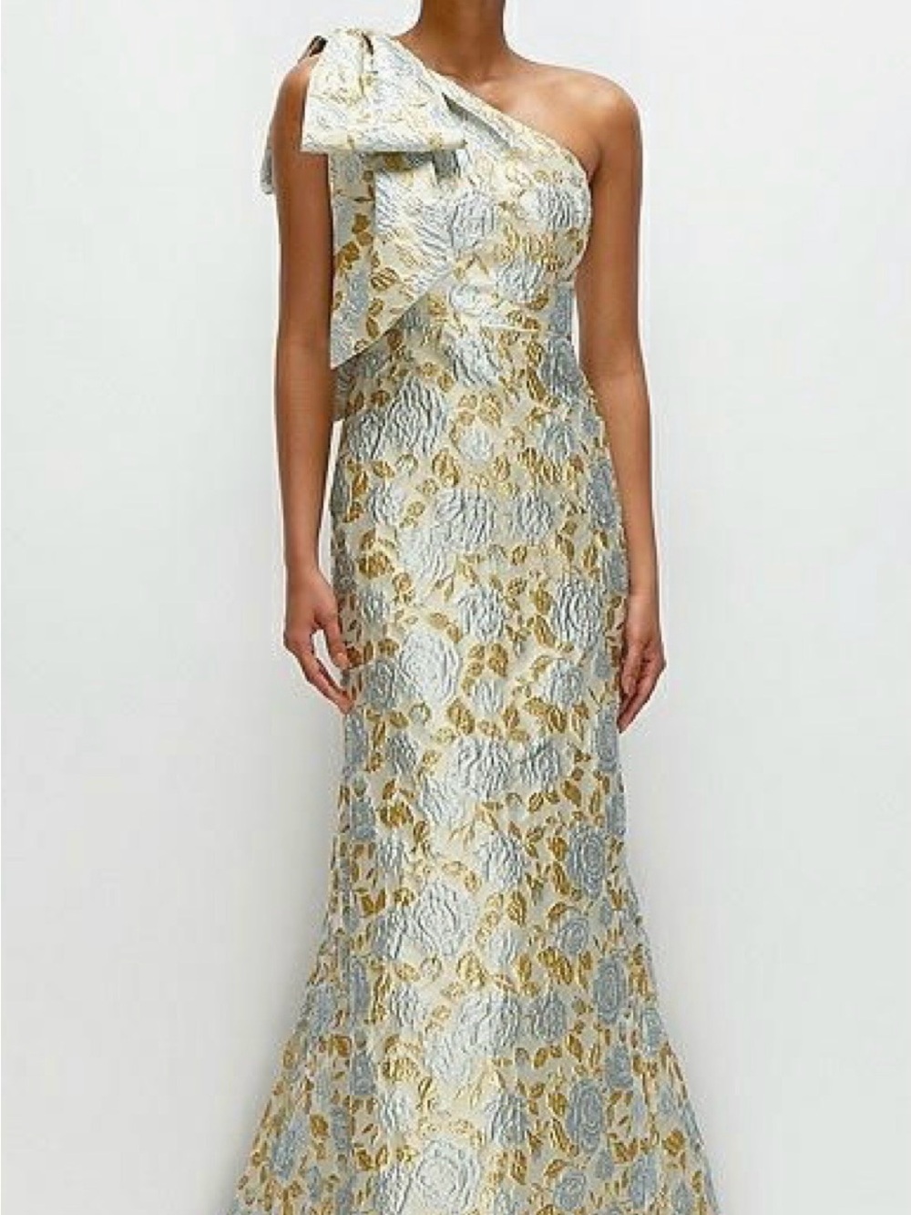 One-Shoulder Metallic Floral Evening Gown - Gold & Silver Jacquard Gown